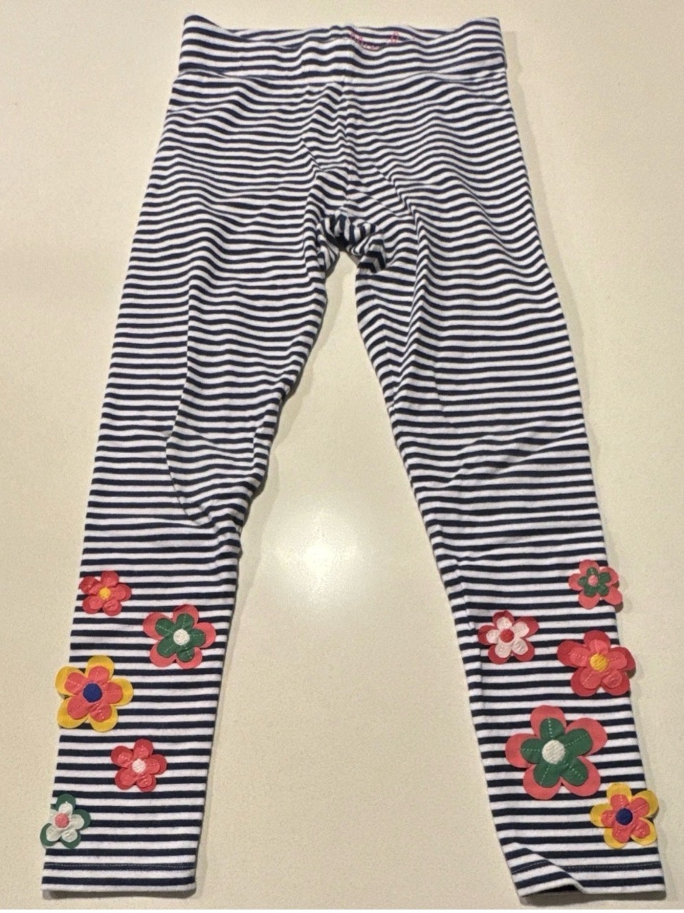 Mini Boden Girls 7-8Y Blue White Striped Flower Applique Ankle Leggings Stretch - Picture 5 of 7